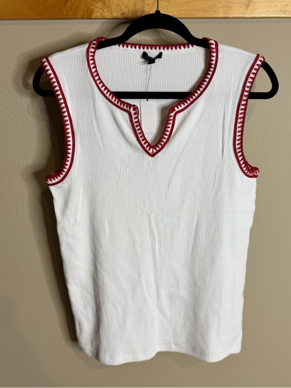 NWT Sleeveless White Ribbed Tank with Red Trim